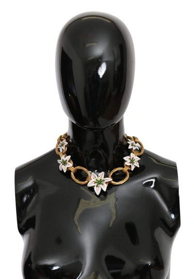 Shop Dolce & Gabbana White Floral Lilium Pendant Gold Chain Brass Pearl Necklace