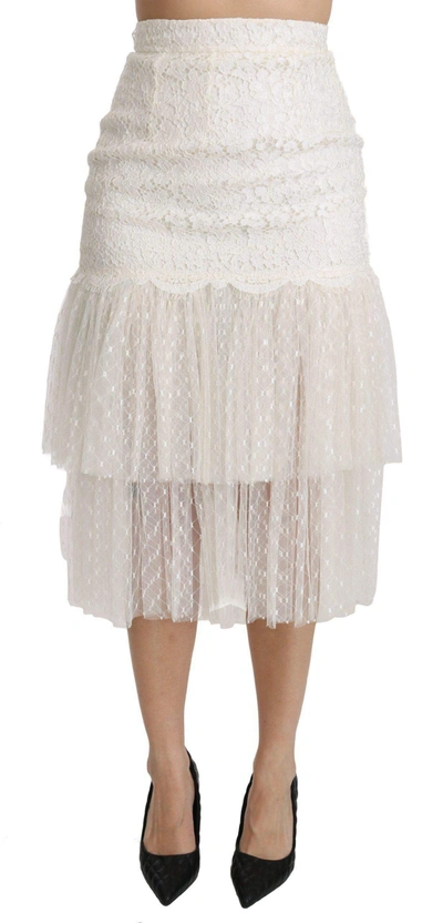 Shop Dolce & Gabbana White Lace Layered High Waist Midi Cotton  Skirt