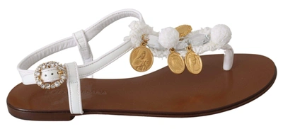 Shop Dolce & Gabbana White Leather Coins Flip Flops Sandals Shoes