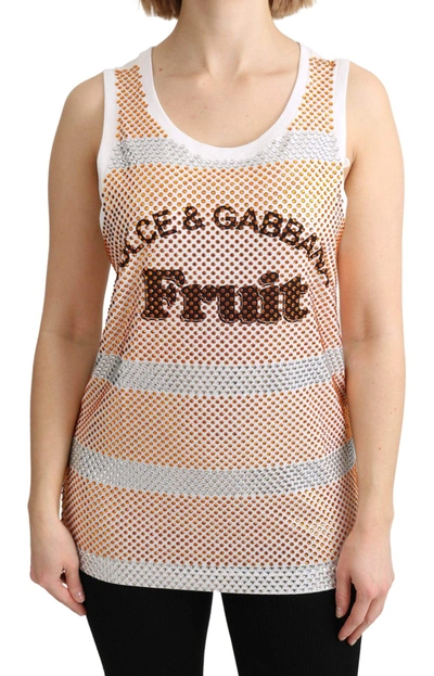Shop Dolce & Gabbana White Orange Crystal Sleeveless Tank Cotton Top