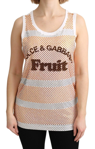 Dolce & Gabbana White Orange Crystal Sleeveless Tank Cotton Top In White