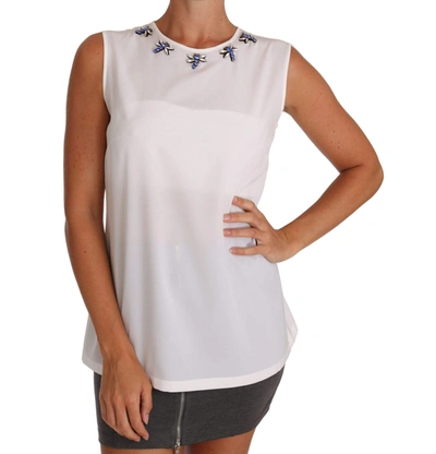 Dolce & Gabbana White Silk Crystal Embellished Fly T-shirt In White