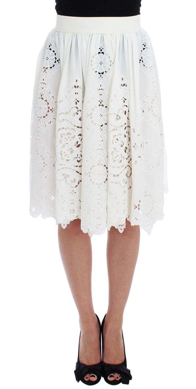 Shop Dolce & Gabbana White Silk Floral Ricamo Knee Skirt
