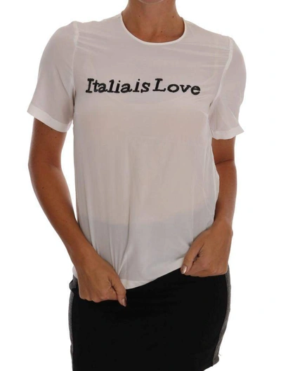 Shop Dolce & Gabbana White Silk Italia Is Love Blouse T-shirt