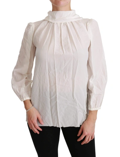 Shop Dolce & Gabbana White Turtle Neck Blouse Shirt Silk Top