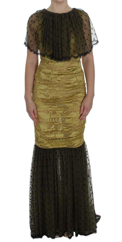 Shop Dolce & Gabbana Yellow Black Floral Lace Ricamo Gown Dress