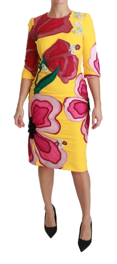 Shop Dolce & Gabbana Yellow Floral Crystal Bodycon Sheath Dress
