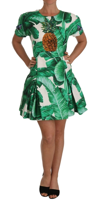 Shop Dolce & Gabbana A-line Banana Leaf Pineapple Crystal Dress In Green