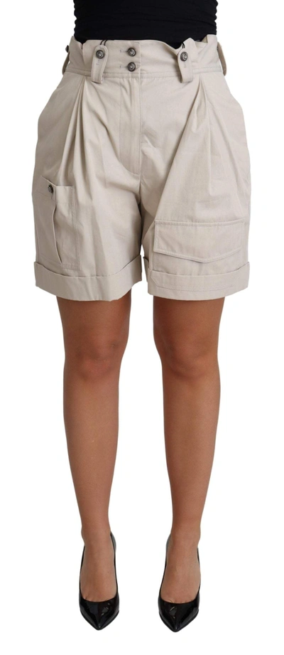 Shop Dolce & Gabbana Beige Cotton Pleated High Waist Casual Shorts