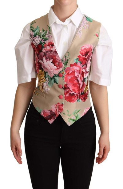 Shop Dolce & Gabbana Beige Jacquard Floral Print Waistcoat Vest