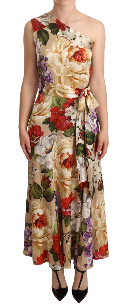 Shop Dolce & Gabbana Beige One Shoulder Floral Mid Length Dress