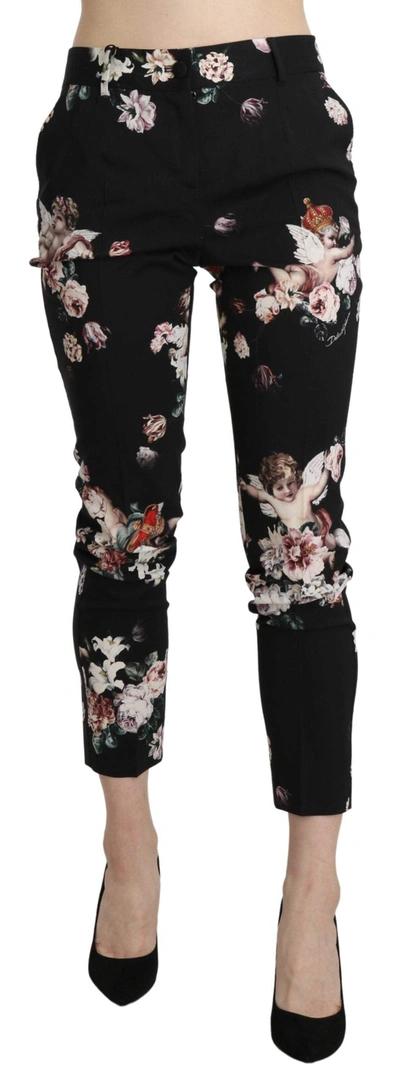 Shop Dolce & Gabbana Black Angel Floral Cropped Trouser Wool Pants