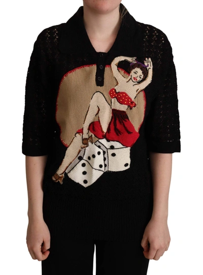 Shop Dolce & Gabbana Black Embroidered Knitted Cotton Sweater