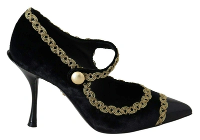Shop Dolce & Gabbana Black Embellished Velvet Mary Jane Pumps Shoes