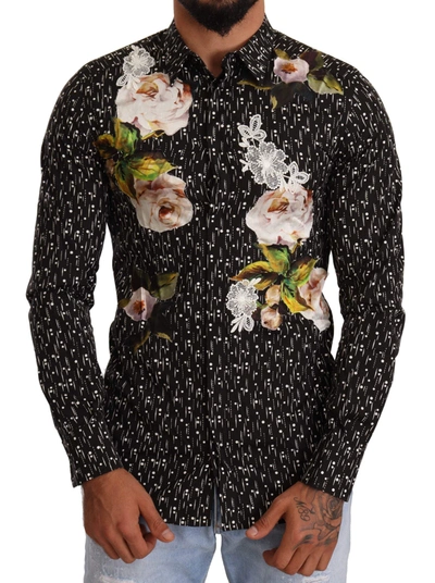 Shop Dolce & Gabbana Black Floral Brocade Cotton Shirt