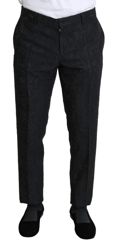 Shop Dolce & Gabbana Black Floral Brocade Slim Trouser Pants
