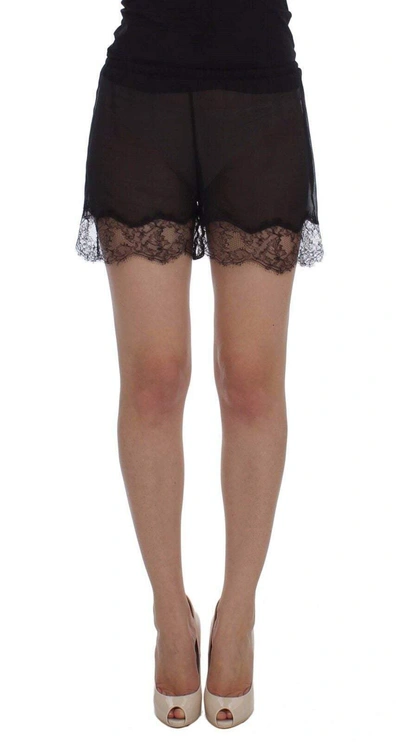 Shop Dolce & Gabbana Black Floral Lace Silk Sleepwear Shorts