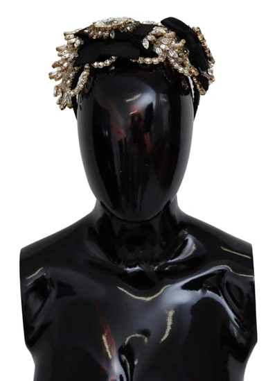 Shop Dolce & Gabbana Black Gold  Clear Crystal Embellished Silk Fiocco Diadem Headband