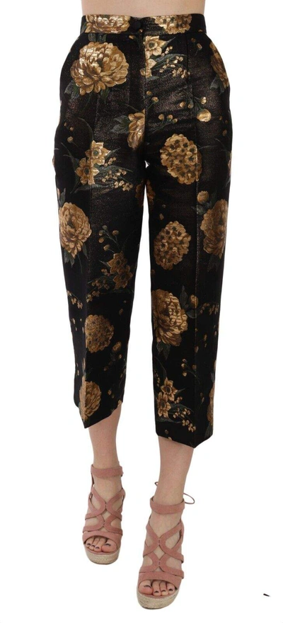 Shop Dolce & Gabbana Black Gold Floral Jacquard Cropped Pants