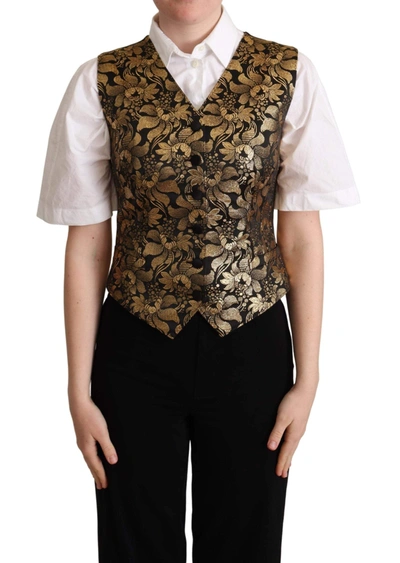 Shop Dolce & Gabbana Black Gold Jacquard Silk Waistcoat Vest