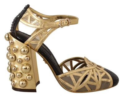 Shop Dolce & Gabbana Black Gold Leather Studded Ankle Straps Shoes
