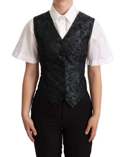 Shop Dolce & Gabbana Black Jacquard Floral Waistcoat Vest Green