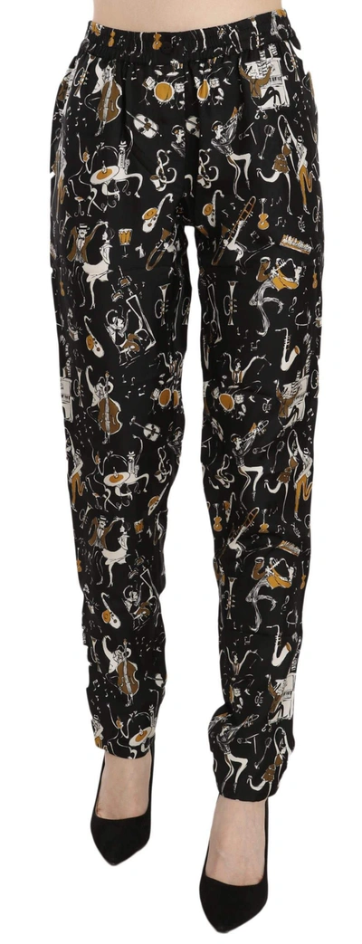 Dolce & Gabbana Black Jazz Club Print High Waist Tapered Pants In Black