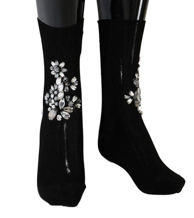 Shop Dolce & Gabbana Black Knitted Floral Clear Crystal Socks