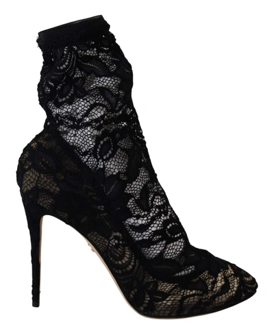 Shop Dolce & Gabbana Black Lace Taormina High Heel Boots