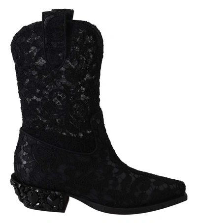 Shop Dolce & Gabbana Black Lace Taormina Ankle Cowboy Crystal Shoes