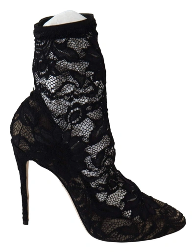 Shop Dolce & Gabbana Black Lace Taormina High Heel Boots Shoes