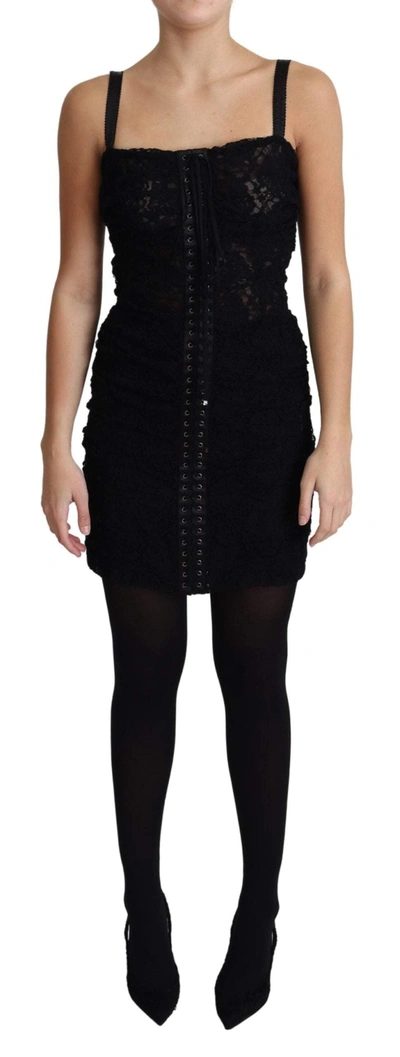 Shop Dolce & Gabbana Black Lace Up Floral Corset Bustier Mini Dress