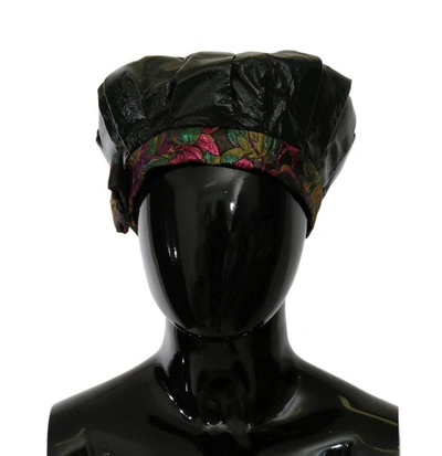Shop Dolce & Gabbana Black Lamb Leather Floral Print Beret Hat