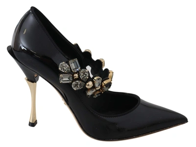 Shop Dolce & Gabbana Black Leather Crystal Shoes Mary Jane Pumps