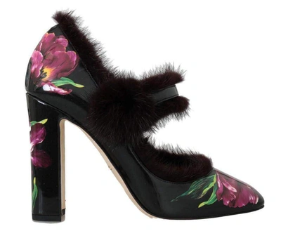 Shop Dolce & Gabbana Black Leather Purple Tulip Mink Fur Pumps