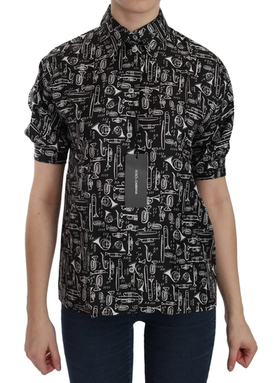 Shop Dolce & Gabbana Black Musical Instrument Collared Blouse Shirt