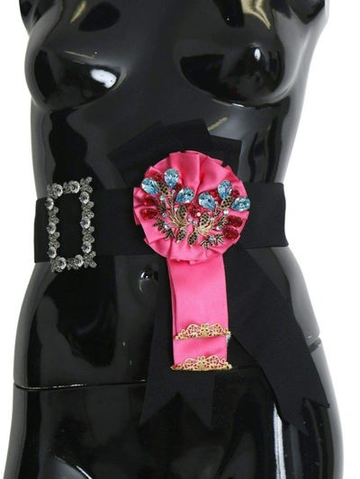 Shop Dolce & Gabbana Black Pink Flower Brooch Crystals Cotton Belt
