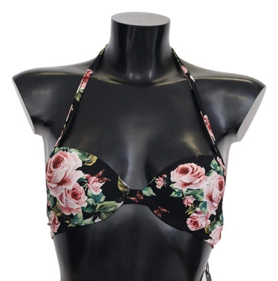Shop Dolce & Gabbana Black Roses Print Swimsuit Beachwear Bikini Tops