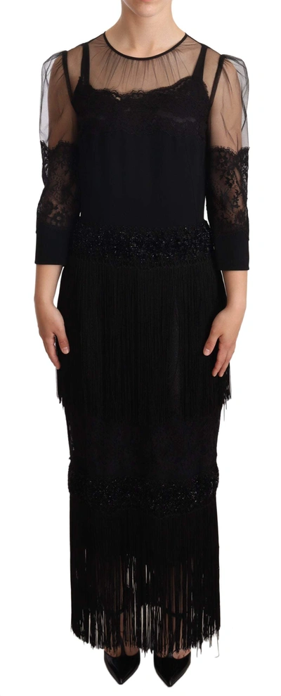 Shop Dolce & Gabbana Black Sheer Floral Lace Crystal Maxi Dress