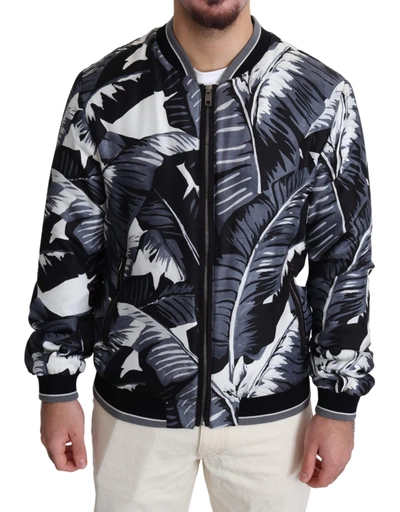 Shop Dolce & Gabbana Black Silk Banana Leaf Print Bomber Jacket