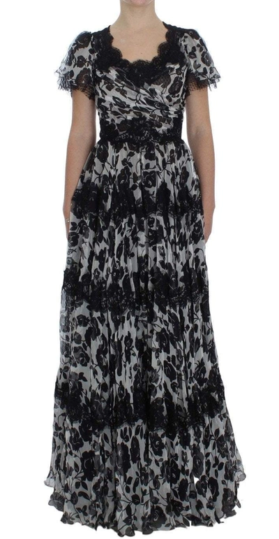 Shop Dolce & Gabbana Black Silk Floral Lace Ricamo Ball Maxi Dress