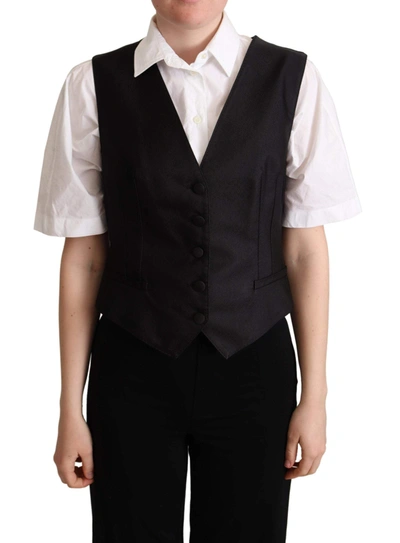 Shop Dolce & Gabbana Black Silk Sleeveless Waistcoat Vest