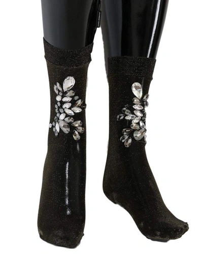 Shop Dolce & Gabbana Black Stretch Floral Clear Crystal Socks