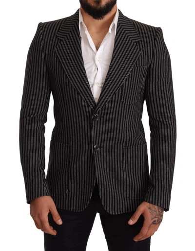 Shop Dolce & Gabbana Black Striped Slim Fit Wool Coat Blazer
