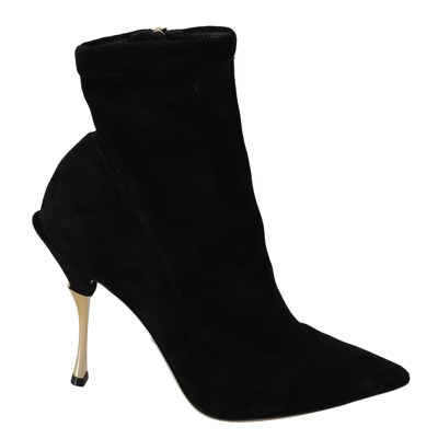 Shop Dolce & Gabbana Black Suede Gold Heels Ankle Boots Shoes