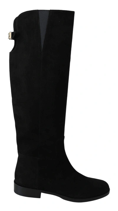 Shop Dolce & Gabbana Black Suede Knee High Flat Boots Shoes