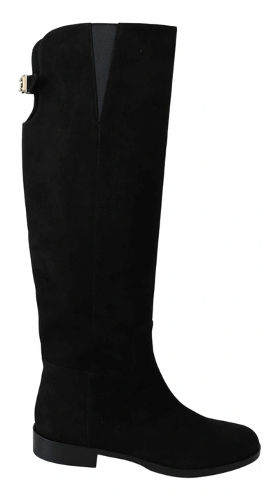 Dolce & Gabbana Black Suede Knee High Flat Boots Shoes In Black