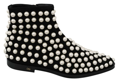 Shop Dolce & Gabbana Black Suede Pearl Studs Boots Shoes