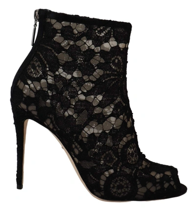 Shop Dolce & Gabbana Black Taormina Lace Booties Stilettos Shoes