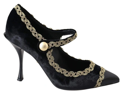 Shop Dolce & Gabbana Black Velvet Gold Mary Janes Pumps